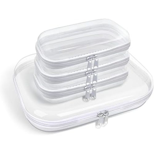 honitty Clear Hard Shell Zipper Case,3PCS Transparent Clear Laser Zipper Pouches,Hard Side Plastic Case Set,Portable Travel Storage Organizer Bins