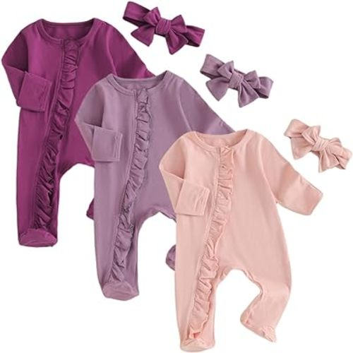 Merqwadd Baby Girl Zipper Pajama Footies 3 Pack Ruffle Sleeper Coming Home Infant Cotton Clothes