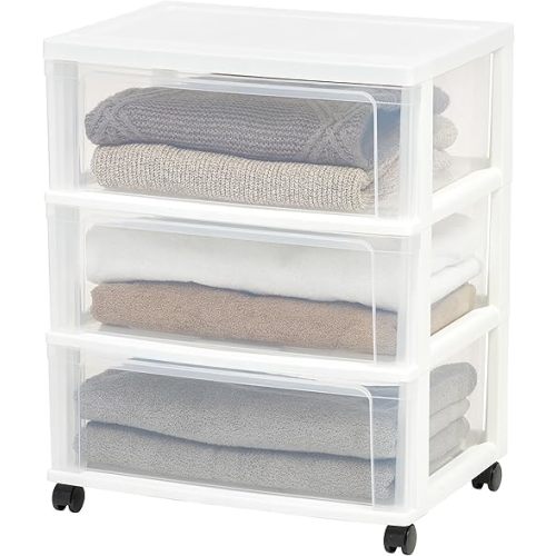 IRIS USA Plastic Drawer Storage Organizer Rolling Cart, with Wheels Casters, 3-Drawers, for Classroom Art Craft Supplies Dresser Closet Bathroom Dorm Bedroom Laundry Room, Wide, White/Clear