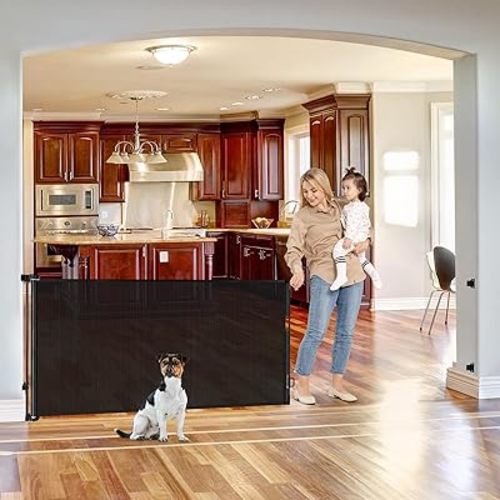75 Inch Extra Wide Retractable Baby Gate for Wide Openings Child Gate Indoor Outdoor Retractable Gate Large Baby Gate Retractable Gates for Dogs Mesh Dog Gate for Stairs, Doorways, Porches, Black