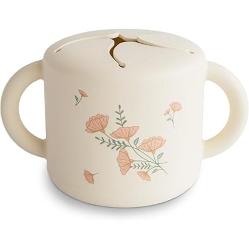 mushie Silicone Snack Cup | Spill Proof Food Container for Toddler and Baby (Pink Flowers)