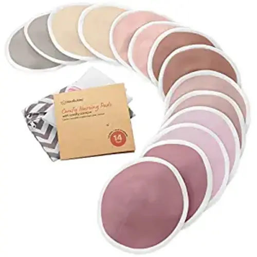 Organic Bamboo Nursing Pads - 14 Washable Breastfeeding Pads, Wash Bag, Reusable Breast Pads for Breastfeeding, Nipple Pads for Breastfeeding, Breastfeeding Essentials (Plum, L 4.8")