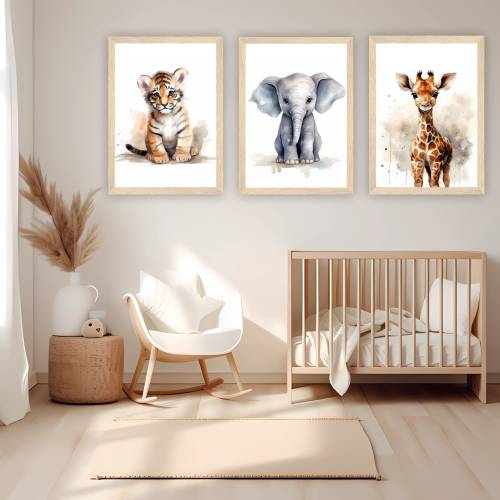 Printable Wall Art x 3 - Watercolour Baby Tiger, Giraffe and Elephant - DIY Decor