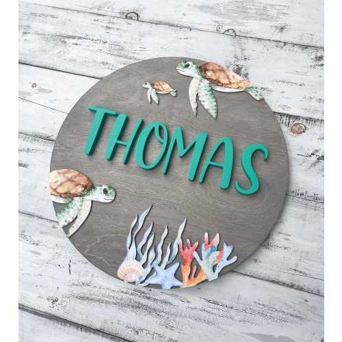 Sea Turtle Nursery Decor, Sea Turtle Name Sign Wood, Baby Signs For Nursery, Gender Neutral Baby Gift, Ocean Baby Nursery, 16” Round