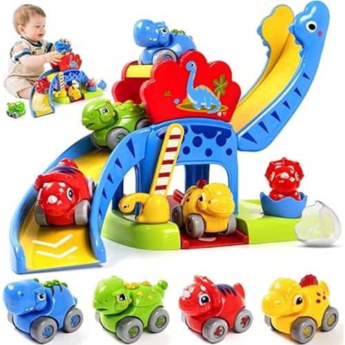 Marstone Toddler Toys 1 2 Year Old Boy Gifts: Dinosaur Slide with 4 Animal Cars Educational Baby Toys 12-18 Months, First 1st Birthday Gifts for Kids, Girls, Push Car Race Track for Toddlers 1-3