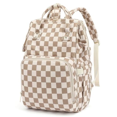 Baby Diaper Bag Backpack for Mom, Large Capacity Travel Nappy Bag for Boys & Girls with Stroller Straps (Corduroy Checkered Brown)