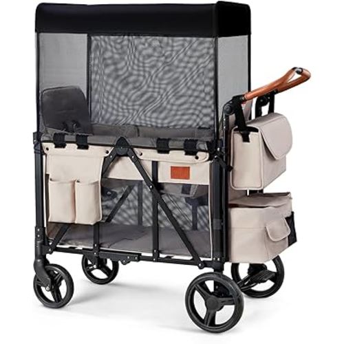 Wagon Stroller for 2 Kids, High Seat & 5 Point Harness, Foldable All-Terrain Wagon for Toddler with Canopy, Parent Organizer, Shoulder Bag, Adjustable Handlebar, Ultimate Double (Beige)
