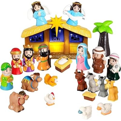 Kids Nativity Set with Light 25 Pcs, Litter Nativity Playset Christmas Story Figures, Toddlers Nativity Set with Baby Jesus Mary Joseph Manger, Kids Nativity Scene for Children Preschool
