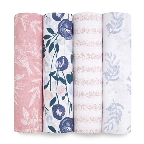 aden + anais Essentials Muslin Swaddle Blankets for Baby Girls and Boys, Newborn Receiving Blanket for Swaddling, 100% Cotton Baby Swaddle Wrap, 4 Pack, Flowers Bloom