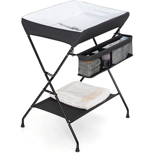 Costzon Changing Table, Portable Baby Changing Table Foldable Diaper Changing Station with Safety Belt, Large Storage Rack & Shelf, Nursery Organizer for Newborn Infant (Black)