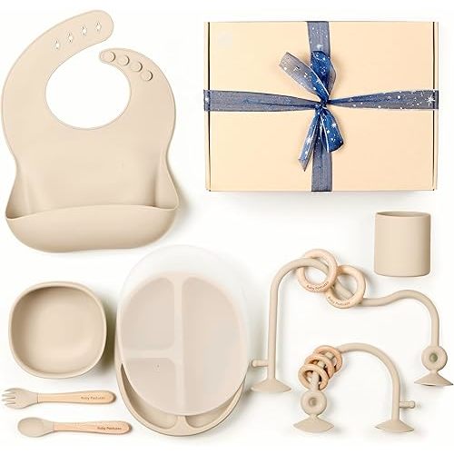 Set of Silicone Feeding Set 6 in 1 and Educational Montessori Toys, for Baby and Infant Toddlers (Beige)