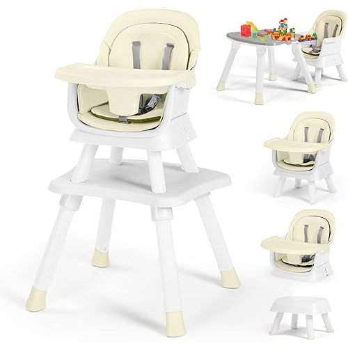 Kinder King 8 in 1 Baby High Chair, Coverts to Dining Booster Seat/Kids Table & Chair Set/Toddler Building Block Table/Kids Stool, Removable Tray & Double Seat Cover, Easy to Wipe, Beige