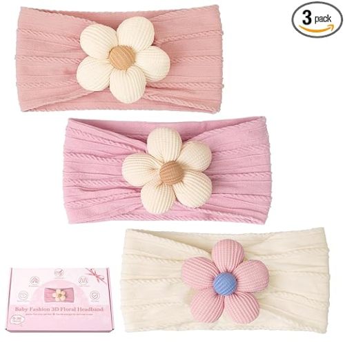 CÉLLOT 3 Pcs Baby Girl Headbands with Flower Nylon Headbands Soft Stretchy Headwear Hair Accessories for Newborn Infant Toddler Kids (Pink Beige Salmon)