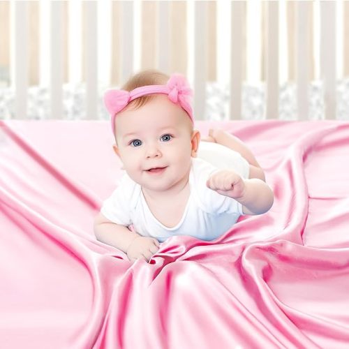 Pink Crib Sheet - Satin for Baby Hair Care - Silky Soft Feeling - Fitted Mattress Cover 28"x52"x8" – Breathable & Gentle on Skin, Snug Fit for Standard Crib