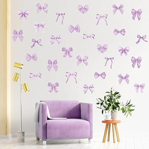 A1diee Purple Bow Wall Stickers - 60Pcs Trendy Light Purple Watercolor Coquette Aesthetic Wall Stickers Bow Knot Baby Room Decor Vinyl Decals Art Wallpaper for Boys Girls Bedroom Kindergarten Nursery