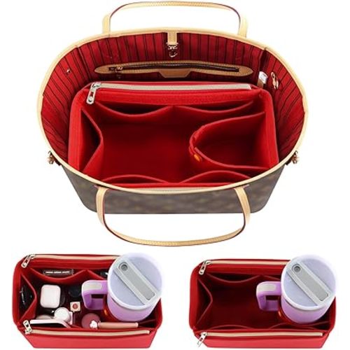 Tote Bag Purse Organizer Insert Pouches Fit for Neverful MM GM, Red Handbag Organizer with Water Bottle Holder Compatible with Stanley Cup, Purse Essentials Compartment Inserts Gifts for Women Large