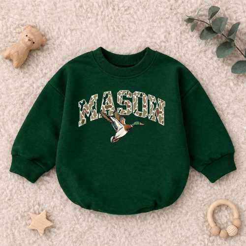 Personalized Camo Name Mallard Duck Baby Romper, Hunting Baby Bodysuit, Duck Hunter Outfit, Baby Shower Gift