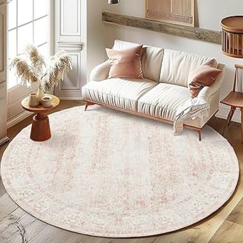 Round Rug 6ft Washable Rug Area Rug Vintage Rug Indoor Floor Cover Floral Print Blush Pink Circle Rug 6' Round Kitchen Living Room Girl Bedroom Dining Room