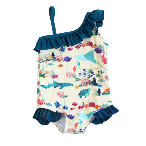 Coral Reef Ruffle Leg One Piece Girls Swimsuit – Emerson and Friends 6-12 M