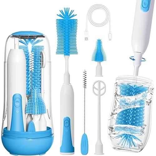 Electric Bottle Brush Cleaner, Portable Baby Bottle Washer, Travel Bottle Cleaner Brush Set with Silicone Water Bottle Brush, Nipple Brush, Straw Brush(Blue)