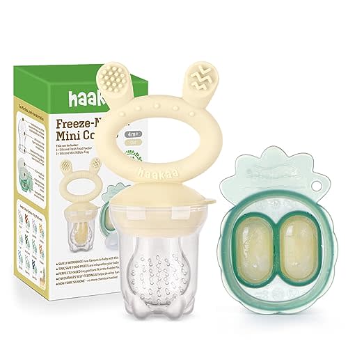 Haakaa Baby Fruit Food Feeder & Mini Freezer Nibble Tray Combo, Breastmilk Popsicle Molds for Baby Cooling Relief, BPA Free Silicone Feeder for Safe Infant Self Feeding, 4 Month+ (Oat)