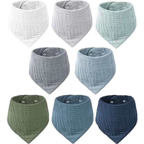 Konssy Muslin Baby Bibs 8 Pack Bandana Drool 100% Cotton for Unisex Baby, Solid Colors Set Teething Drooling