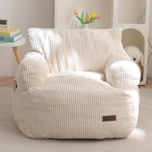 MAXYOYO Kids Bean Bag Chair, Stuffed Toddler Bean Bag Sofa with Filler Bean Bag Chair for Boys and Girls, Lazy Sofa with Pocket Floor Chair for Gaming, Reading, Beige