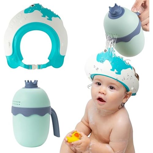 FUNUPUP Baby Shower Cap for Kids with Bath Rinse Cup, Adjustable Toddler Hair Washing Shield Hat Baby Bath Visor Shampoo Hat for Toddlers 6M-9T（Dinosaur Blue)