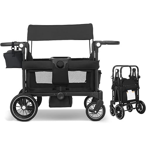 Wagon Stroller for 2 Kids, All-Terrain Stroller Wagon, Foldable Kids Wagon Cart Featuring with Harnesses, Adjustable Double Push Handle, Removable Canopy, Snack Tray, Large Storage Bag, Black