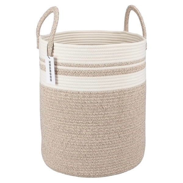 XUANGUO Cotton Rope Laundry Basket Hamper for Clothes Woven Storage Basket for Living Room Bedroom Boho Tall Rope Baskets for Blanket Toys Pillow Towels Baby Nursery Hamper Bin Large brown and white