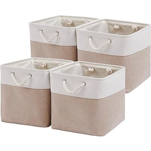 13 x 13 Inch Cube Storage Bins, 4 Pack Large Collapsible Fabric Storage Bin with Ropes, Foldable Storage Cubes for Home, Office,Closet, Clothes, Toys Organizer (White & Beige)
