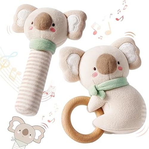 Koala Baby Rattle Toys 2 Pack, Plush Squeaker Stick & Wooden Ring Baby Toy