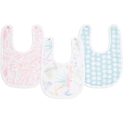 aden + anais Essentials Snap Baby Bib, 100% Cotton Muslin, 3 Layer Burp Cloth, Super Soft & Absorbent for Infants, Newborns and Toddlers, Adjustable with Snaps, 3 Pack, Tropicalia