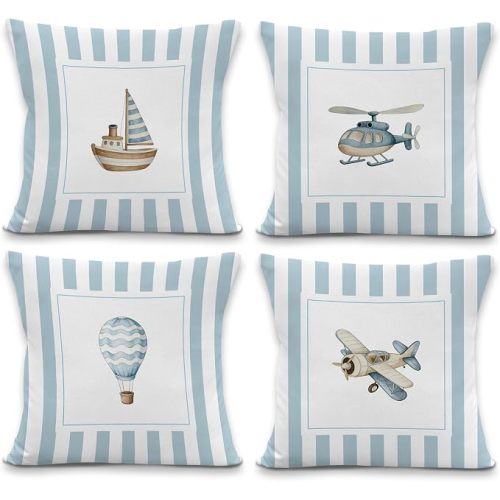 Vehicle Nursery Throw Pillow Covers, Kids Room Decor, Plane Boat Hot Air Balloon Blue Striped Decorative Pillowcases Cushion Cases for Boy Nursery Room Decor, 18x18 Pillow Covers Set of 4