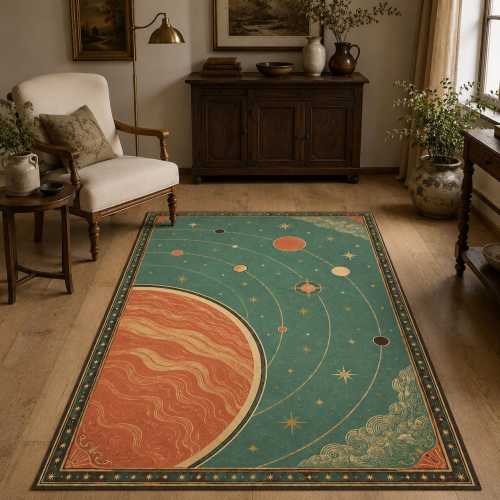 Solar System Rug, Teal Coral Celestial Decor, Space Lover Gift