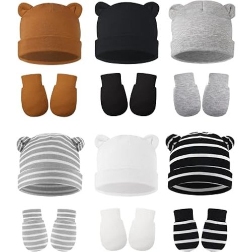 Geyoga 12 Pieces Newborn Hat Mittens Gloves Set Baby Boys Girls Cotton Baby Beanie for 0-12 Months (Stripe color)