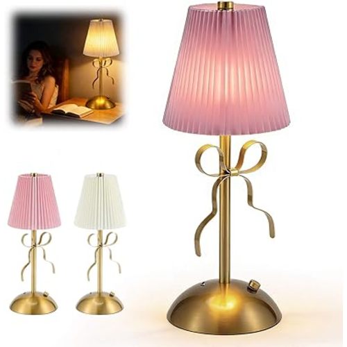 Bow Table Lamp - Rechargeable Cordless Night Light with Fabric Shade, 3-Way Dimmable Touch Control, Cute Princess Lamp for Girls Bedroom, Nursery, Desk & Boho Room Decor