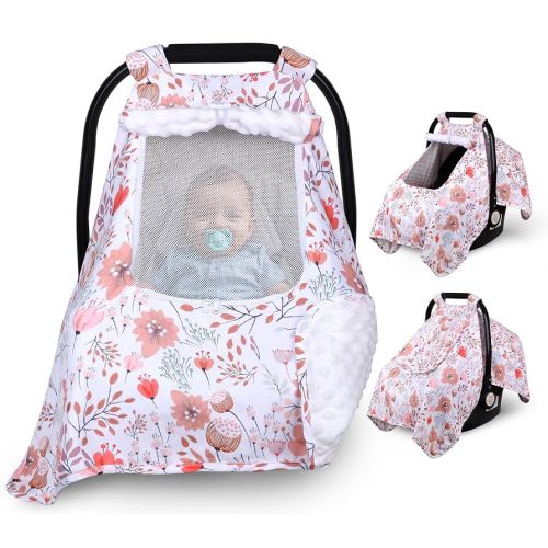 Car Seat Cover Baby, Carseat Covers Baby with 2 Layers Breathable Zipper Windows, Windproof Infant Car Seat Cover, Kick-Proof Baby Carrier Cover for Baby Girl Newborn Essentials