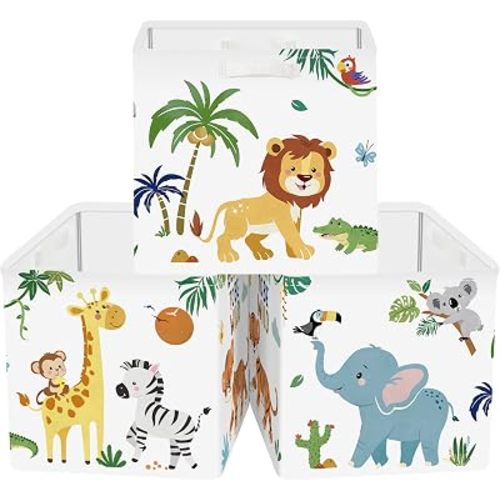 Clastyle 3 Pack 11.8'' Fabric Animal Tree Storage Basket for Shelves Collapsible Closet Organizers with Metal Frame Bottom Board Large Kid Clothes Toy Book Cube Bin for Playroom Bedroom,Boho Lion