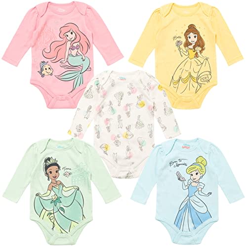 Disney Classics Princess Lion King 101 Dalmations Pumbaa Princess Ariel Timon Baby Girls 5 Pack Bodysuits Newborn to Infant