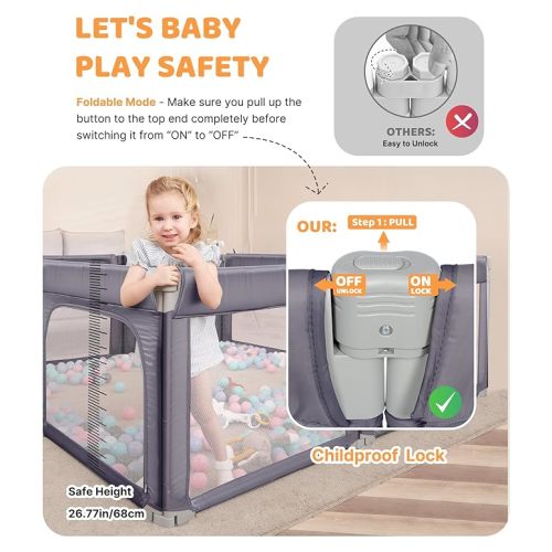 Dripex Foldable Baby Playpen, 71"x71" Large Foldable Playpen for Babies and Toddlers, Baby Gate Playpen with 5 Handlers, Visible Play Yard for Baby, Indoor & Outdoor Toddler Playpen, Slate Grey - Foldable 71‘’x71''