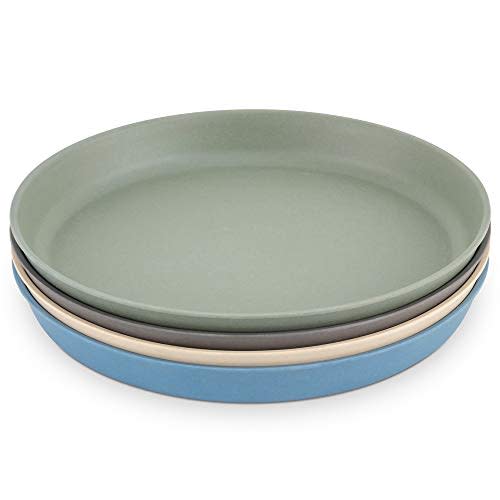 WeeSprout Bamboo Plates, Set of 4, Kid-Sized Dinnerware, Dishwasher Safe Melamine Dishware (Blue, Green, Gray, & Beige, Without Lids)