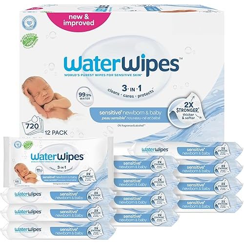 WaterWipes Sensitive+ Newborn & Baby Wipes, 720 Count (12 Packs), 3-In-1 Cleans, Cares, Protects, 99.9% Water, Unscented