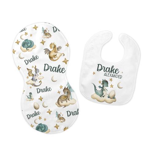 Dragon Bib and Burp Cloth Set, Dragon Bib, Dragon Burp Cloth, Dragon Nursery, Personalized Dragon Bib and Burp Set, B9