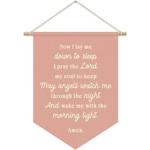 ETVISO Prayer Nursery Decor,Girls Room Decor - Now I Lay Me Down to Sleep Pink Linen Banner Flag for Little Girl Baby Girl,Wall Hanging Pennant Flag Banner 15x11in