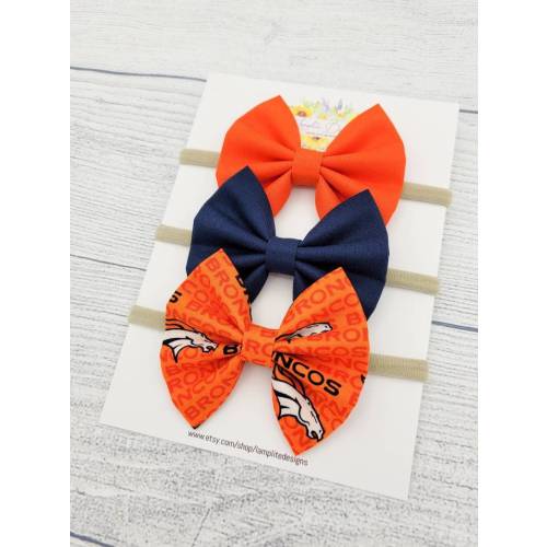 Denver Broncos set of 3 fabric hair bows - orange navy hair bows - football bow - baby shower gift - toddler child - clips or headbands