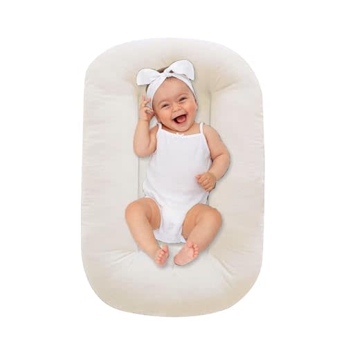 Lucakuins Baby Lounger 0-18 Months, Baby Lounger for Newborn, Soft Organic Cotton Breathable Lounger for Infants (White Baby Lounger)