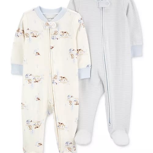 Baby Cotton 2-Way-Zip Footed Sleep and Play Coveralls, Pack of 2 - Blue Multi