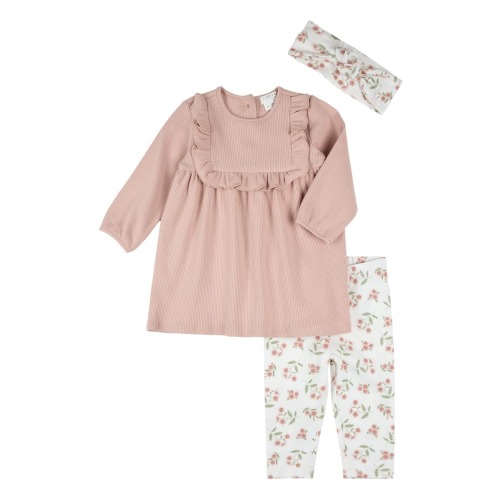 Head Wrap, Ruffle Trim Long Sleeve Rib Dress & Leggings Set, 6M
