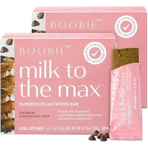 Boobie Superfood Oatmeal Chocolate Chip Cookie Lactation Bar for Breastfeeding Moms to Increase Milk Supply | #1 Selling Lactation Snack Bars | Vegan, Fenugreek-Free, Gluten-Free, Dairy-Free (12 Bars)